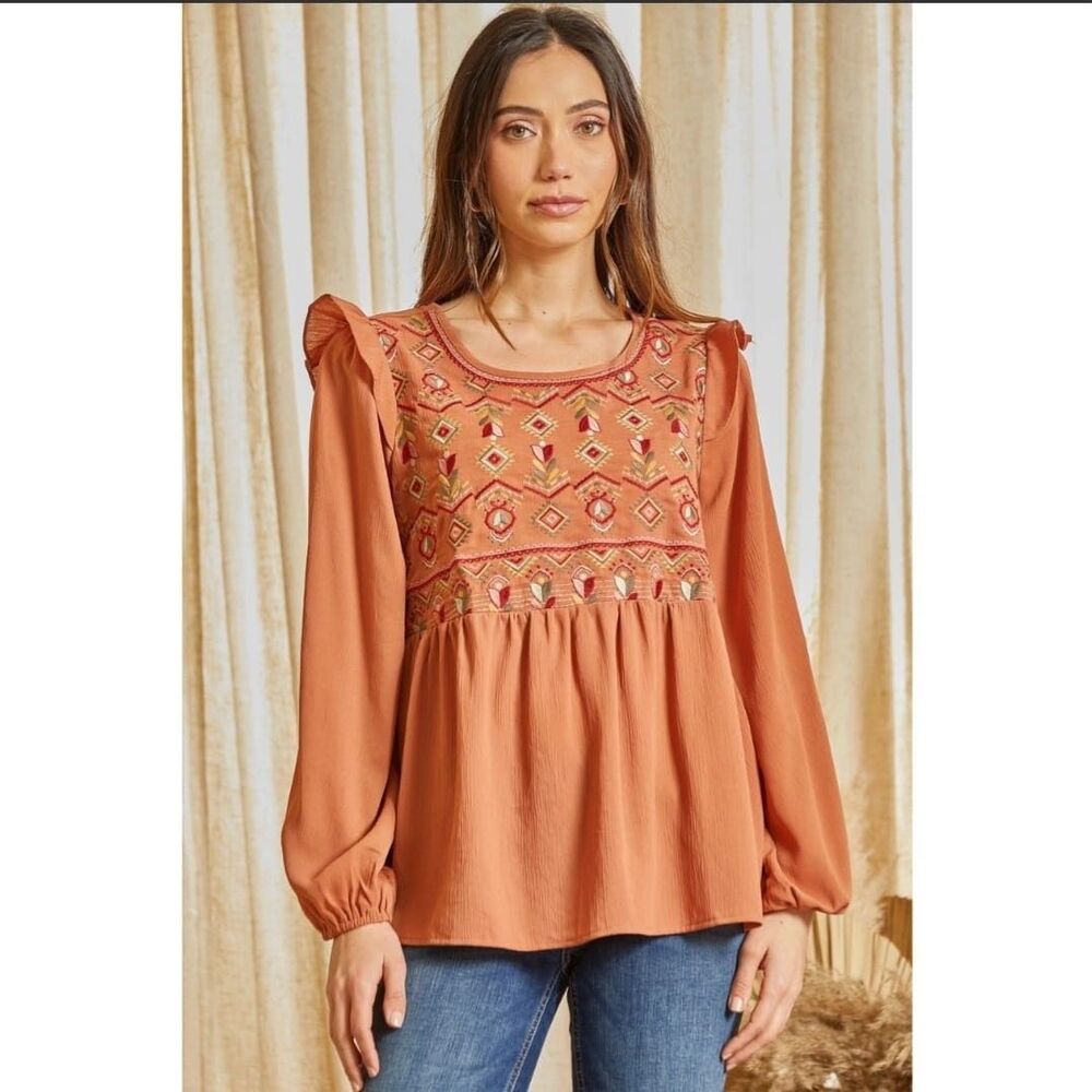 NWT SAVANNA JANE Orange Southwestern Geometric Embroidered Ruffle Top SIZE 1X